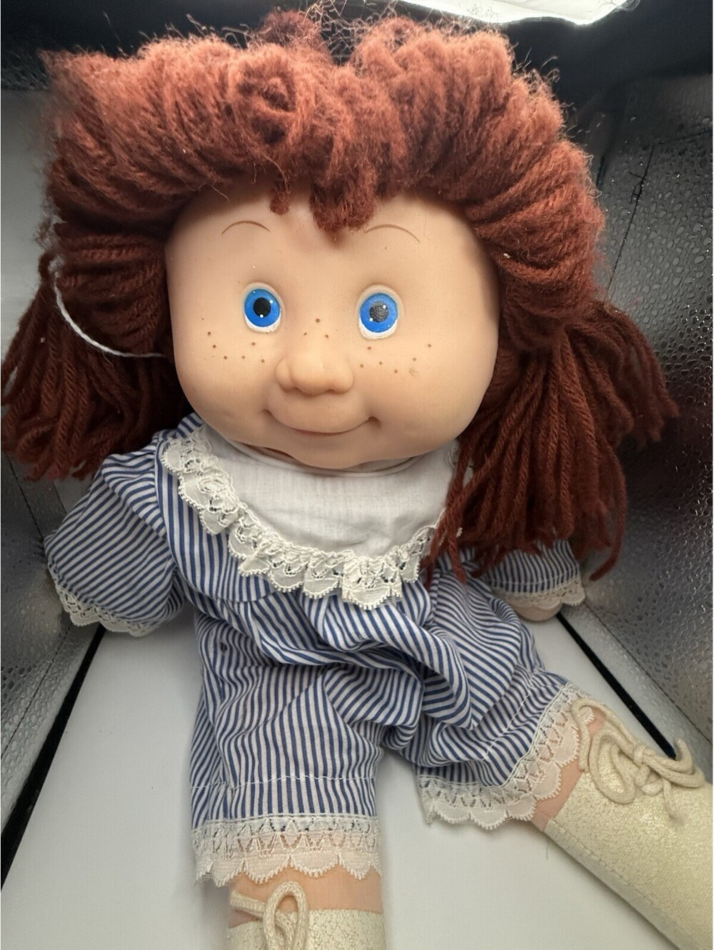 Vintage Blue Box Flower Kids Cloth Doll Red Hair Blue Eyes 9"
